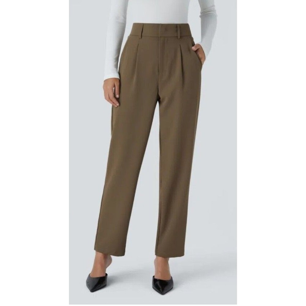 Halara Flex High Waisted Pocket Solid Work Tapered Pants Brown Small Petite - Picture 4 of 6